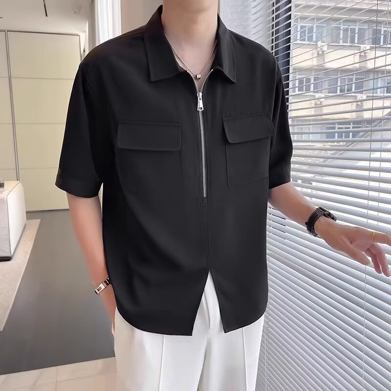 Men’s Short Sleeve Zip Up Casual Shirt Black