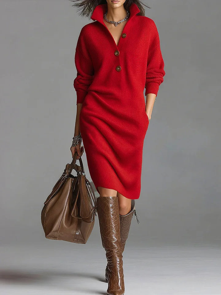 Women’s Stylish Midi Dress with Button Closure and Comfortable Fit Red