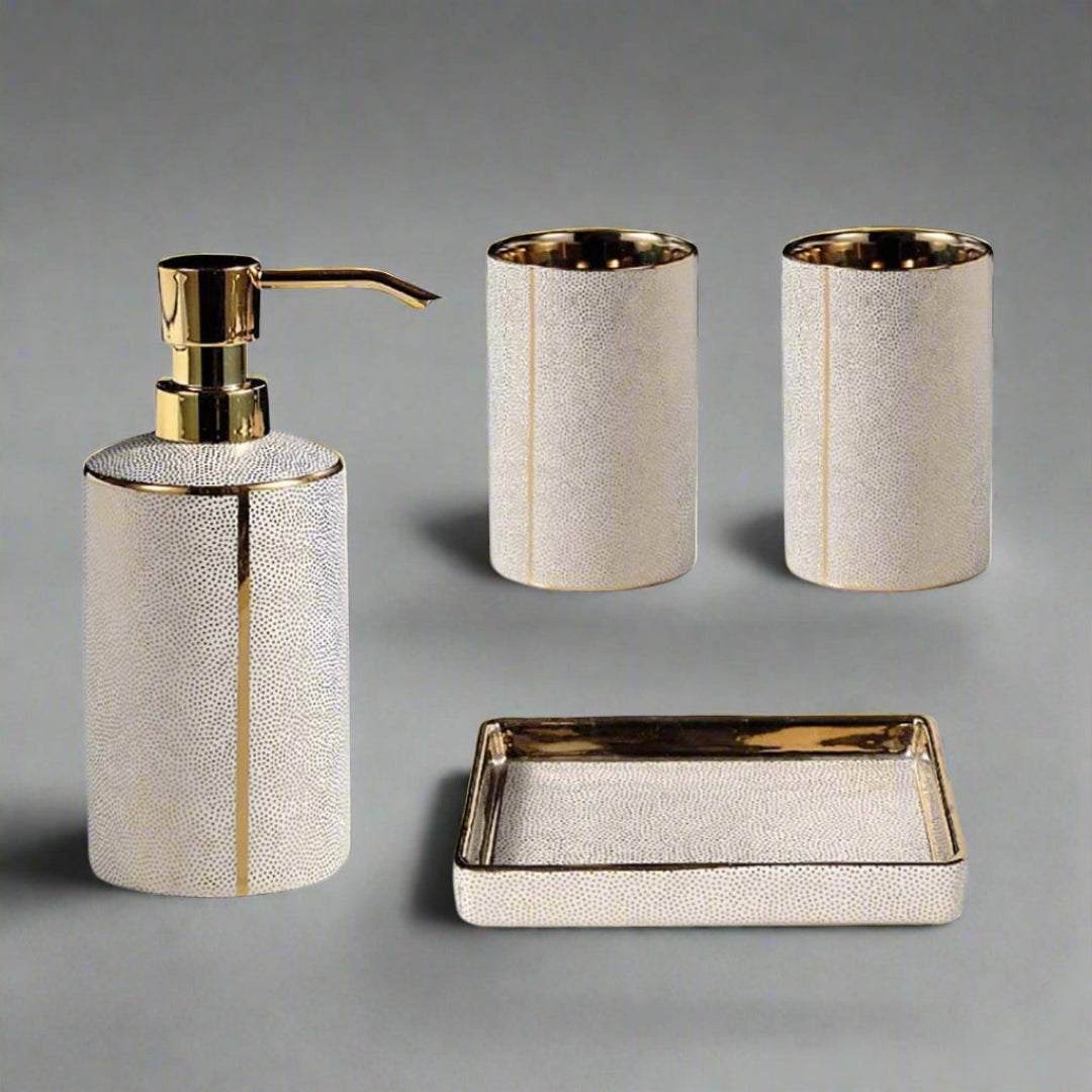 Luxe Ceramic Bathroom Set | Golden Accent Accessories Kit White set - 4 pieces