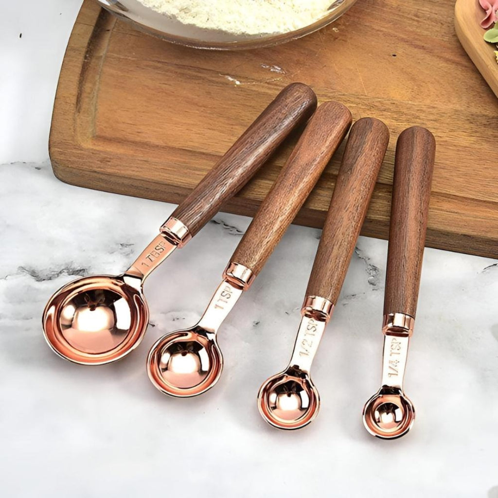 Premium Measuring Cups & Spoons | Steel Set with Wood Handle