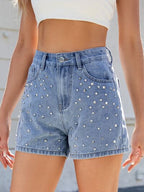 Women’s High Waist Denim Shorts with Rhinestones