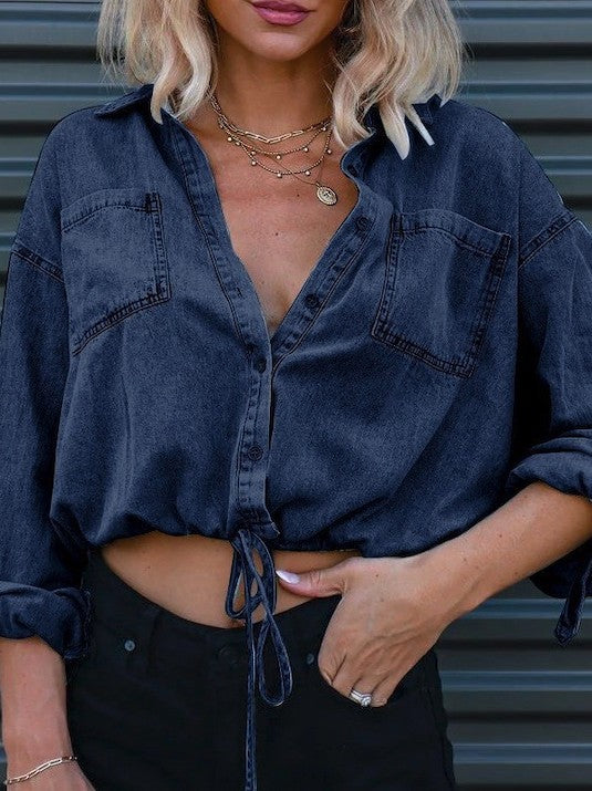 Women’s Short Denim Top – Casual Everyday Top Navy Blue