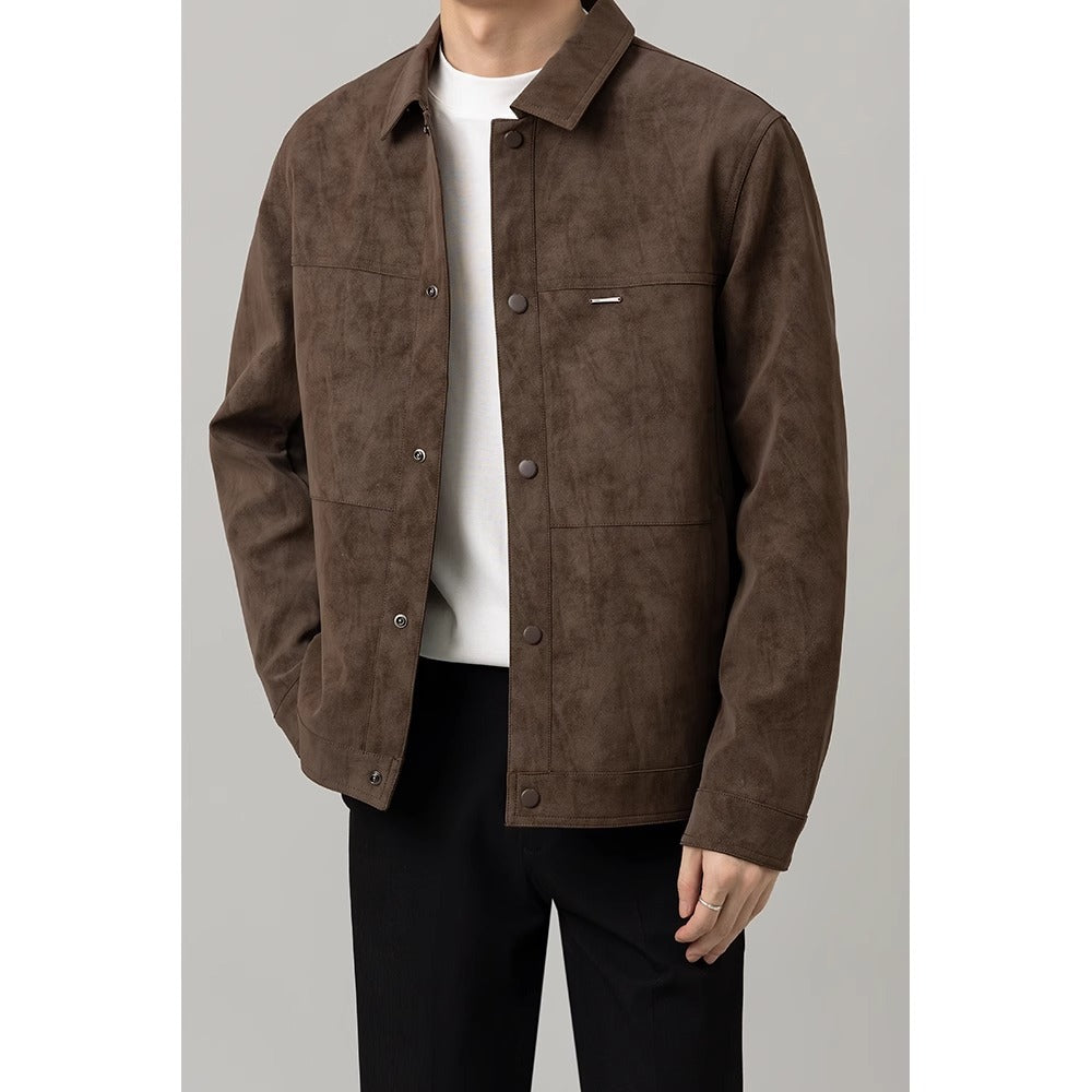Men’s Versatile Button-Down Shirt Jacket with Pockets Brown