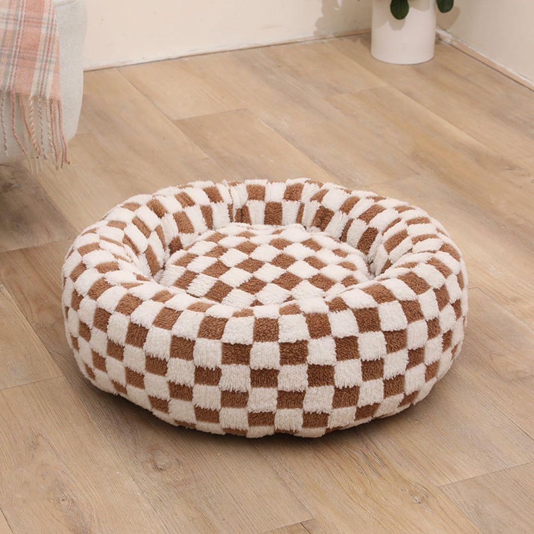 Cozy Orthopedic Dog Bed Featuring Floral Checkerboard Style Brown