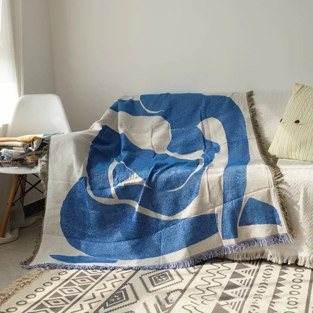 Vintage Abstract Tapestry Throw Blanket for Sofa Styling Blue 160 x 130cm