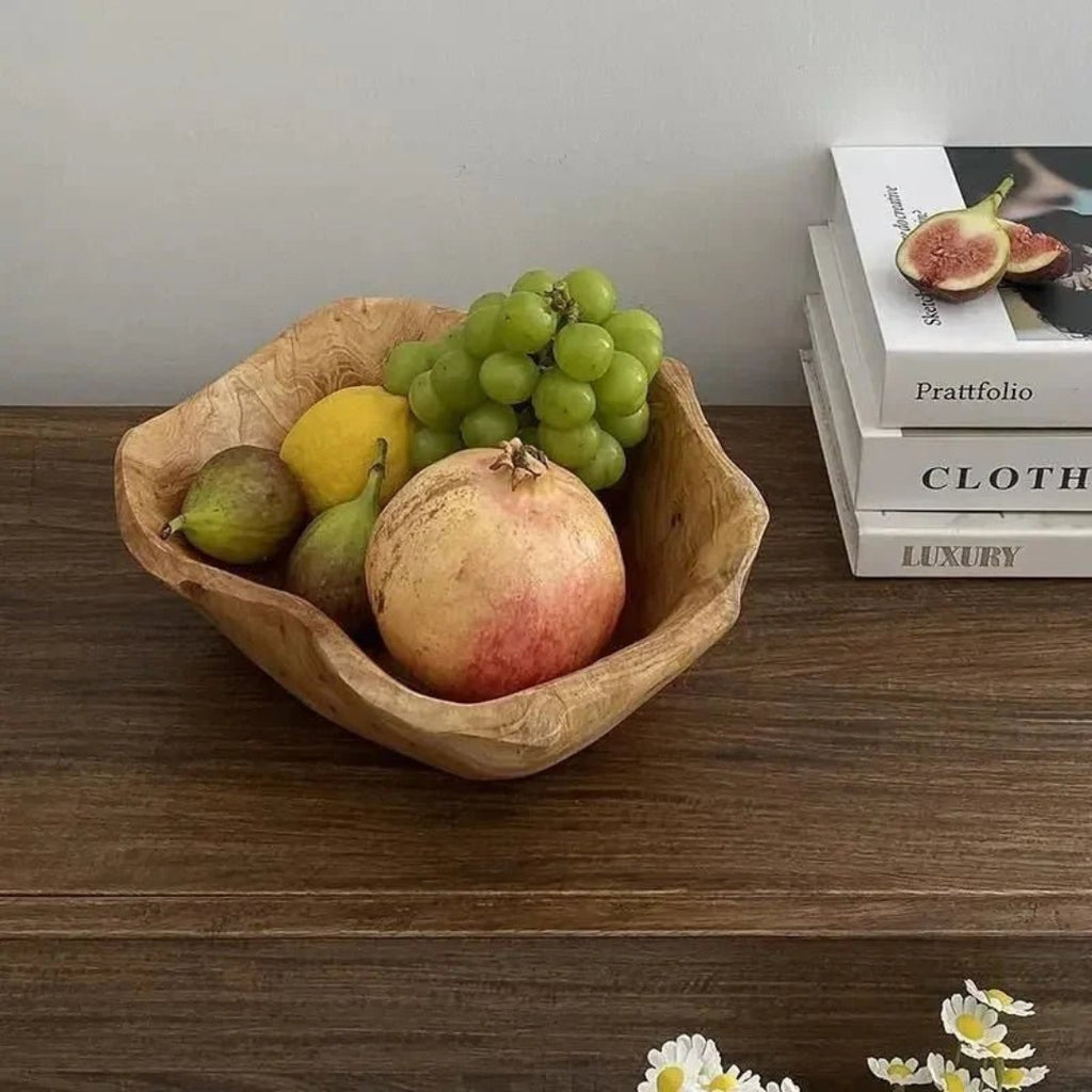 Rustic Carved Wood Fruit Bowl for Home Table Styling Decor