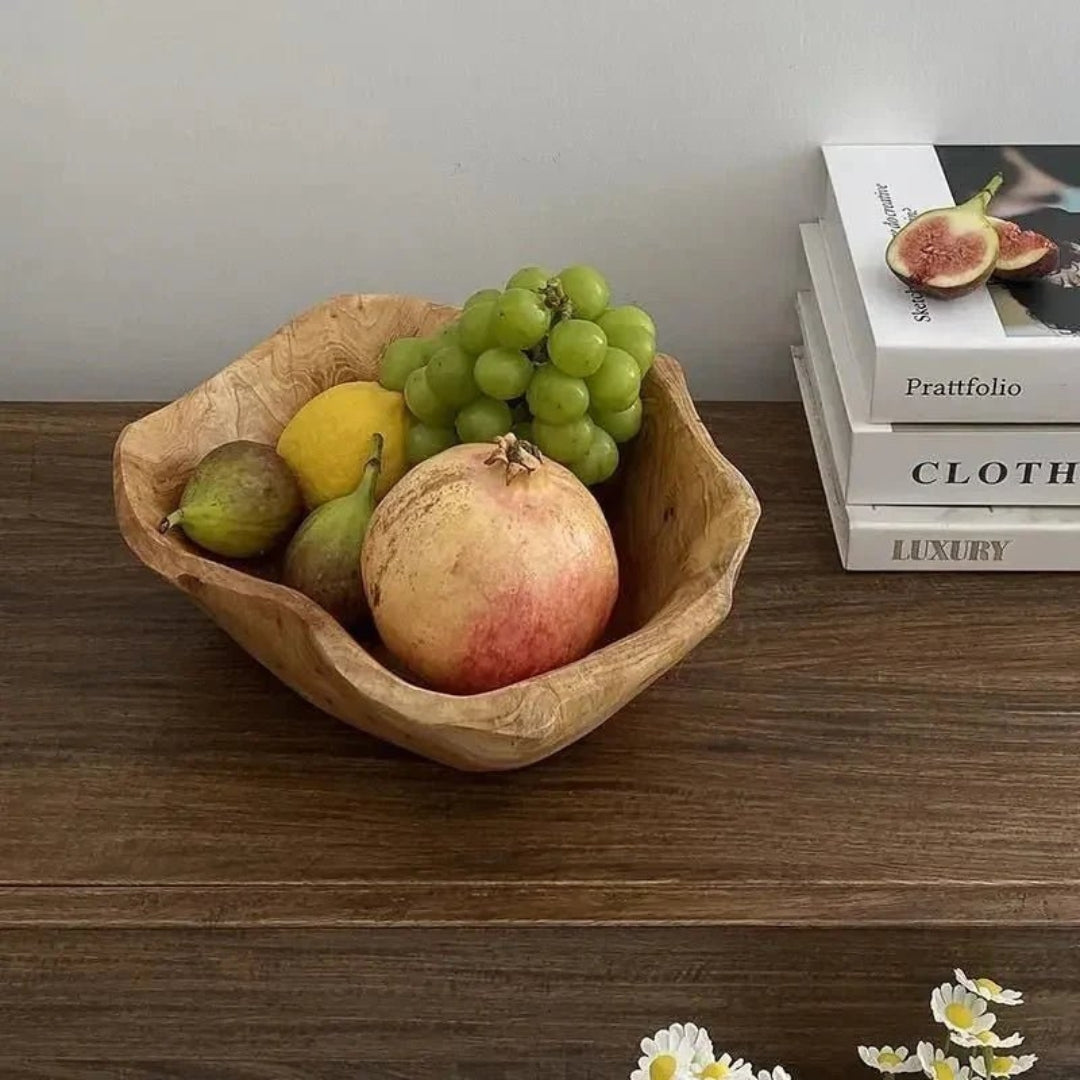 Rustic Carved Wood Fruit Bowl for Home Table Styling Decor