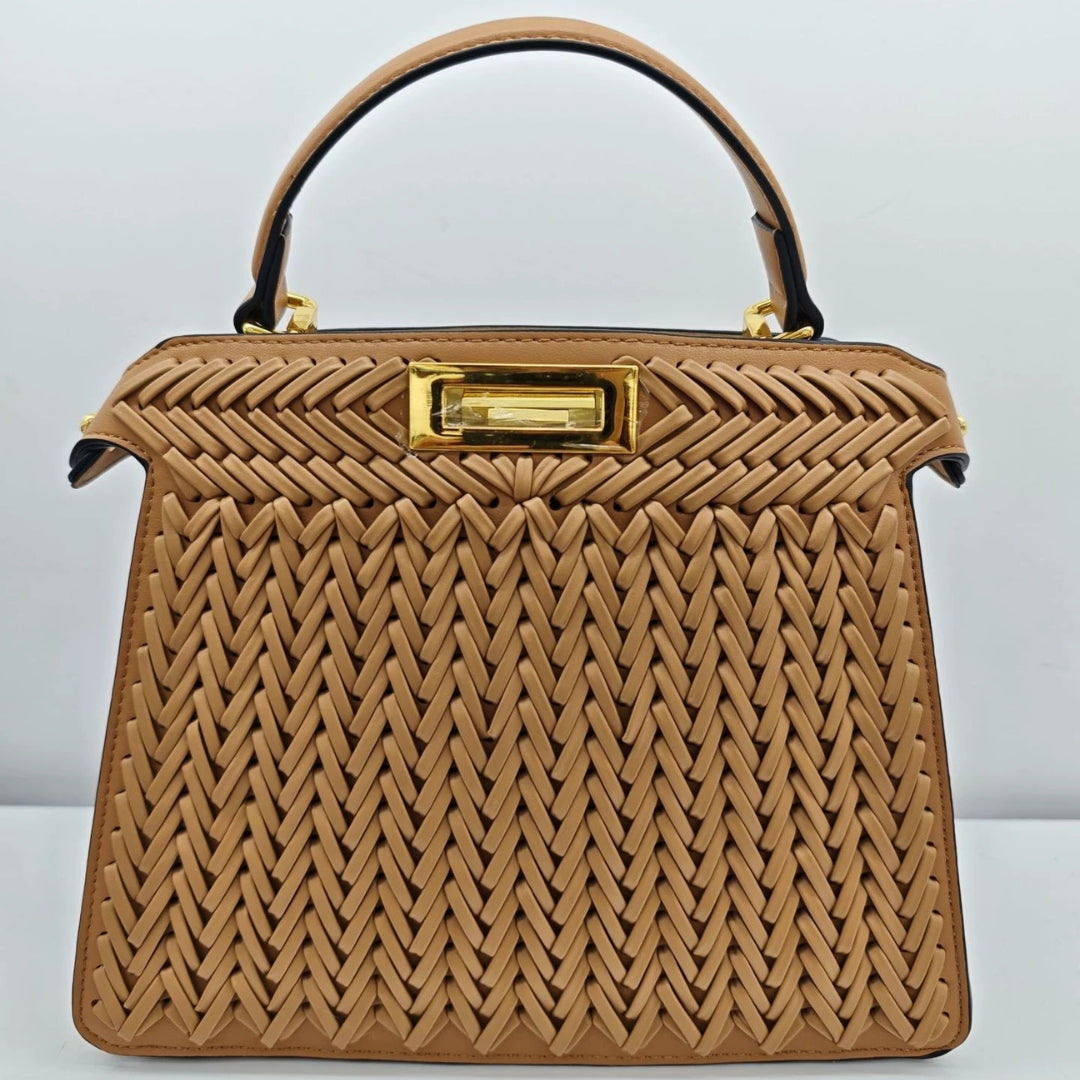 Alia | Women’s Woven Leather Handbag | With Crossbody Strap Dark-Brown