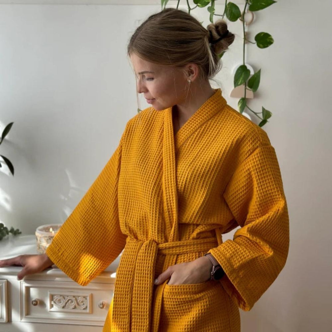 Elegant Waffle Bathrobe with V-Neck Cut for Spa-Like Comfort Yellow