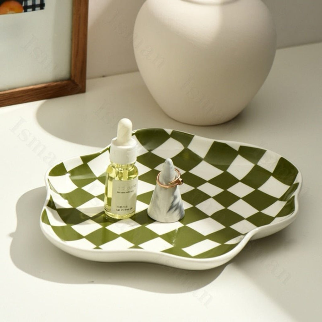 Contemporary Checkered Ceramic Storage Tray | Modern Living Green