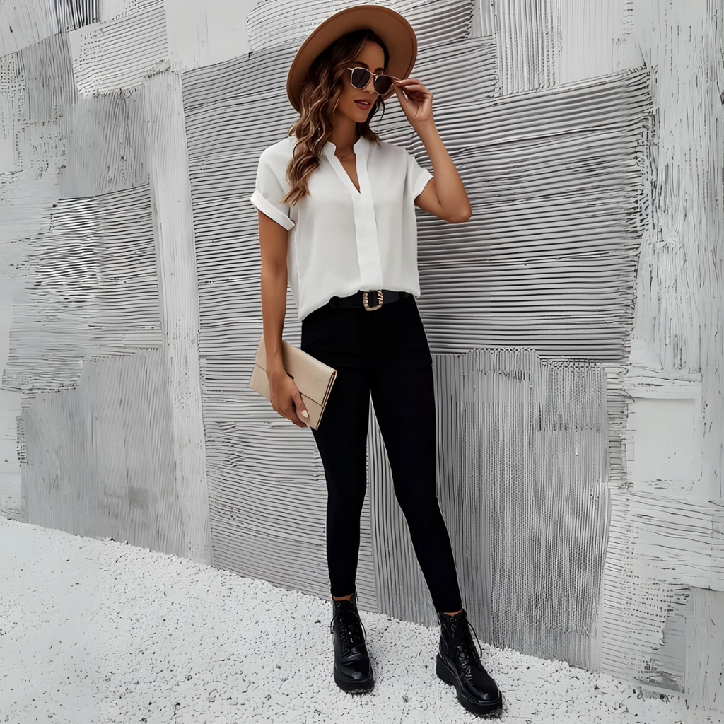 Women’s Elegant Blouse with V-Neck and Short Sleeves