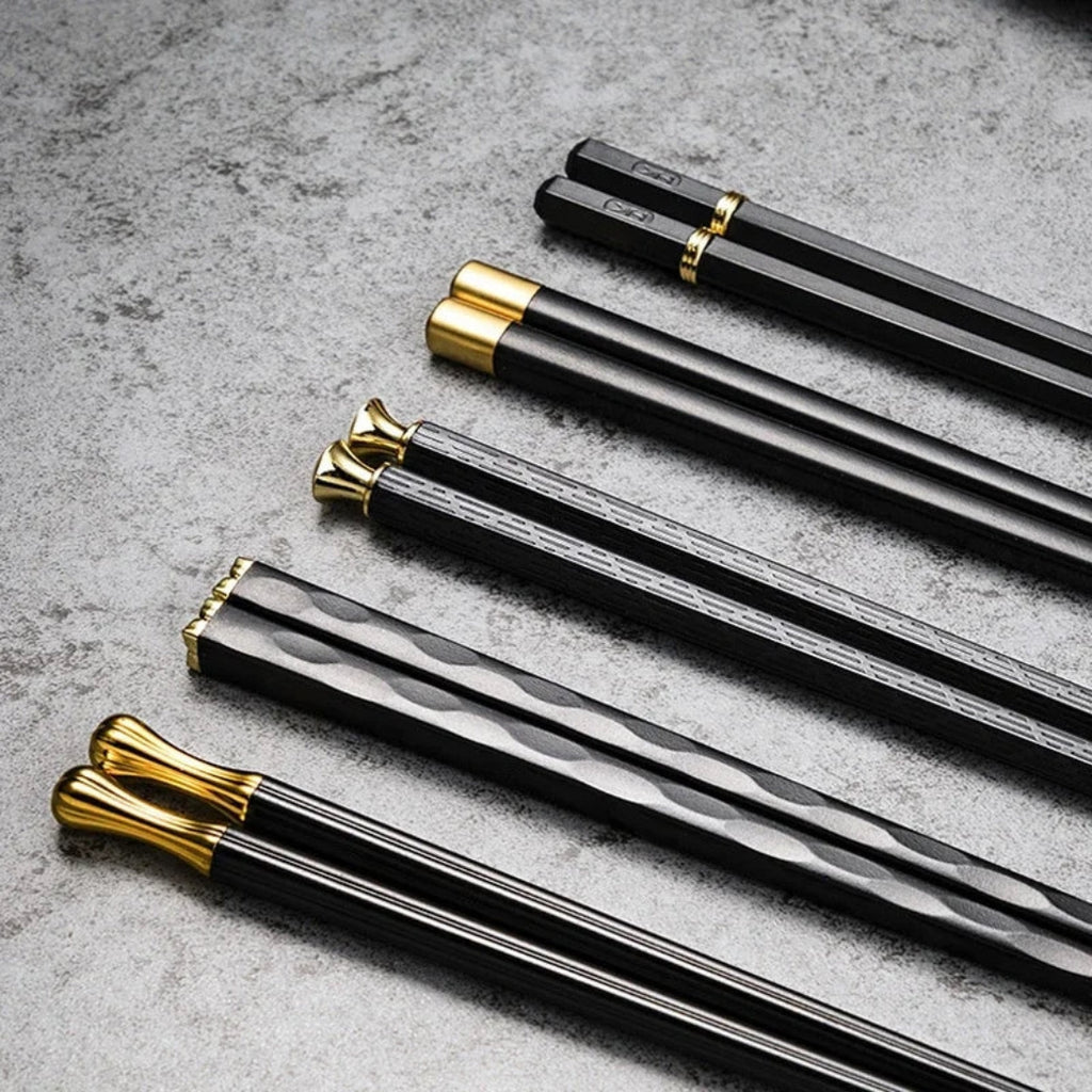 Luxe Metal Chopsticks Set of 5 | Modern Black Gold Design