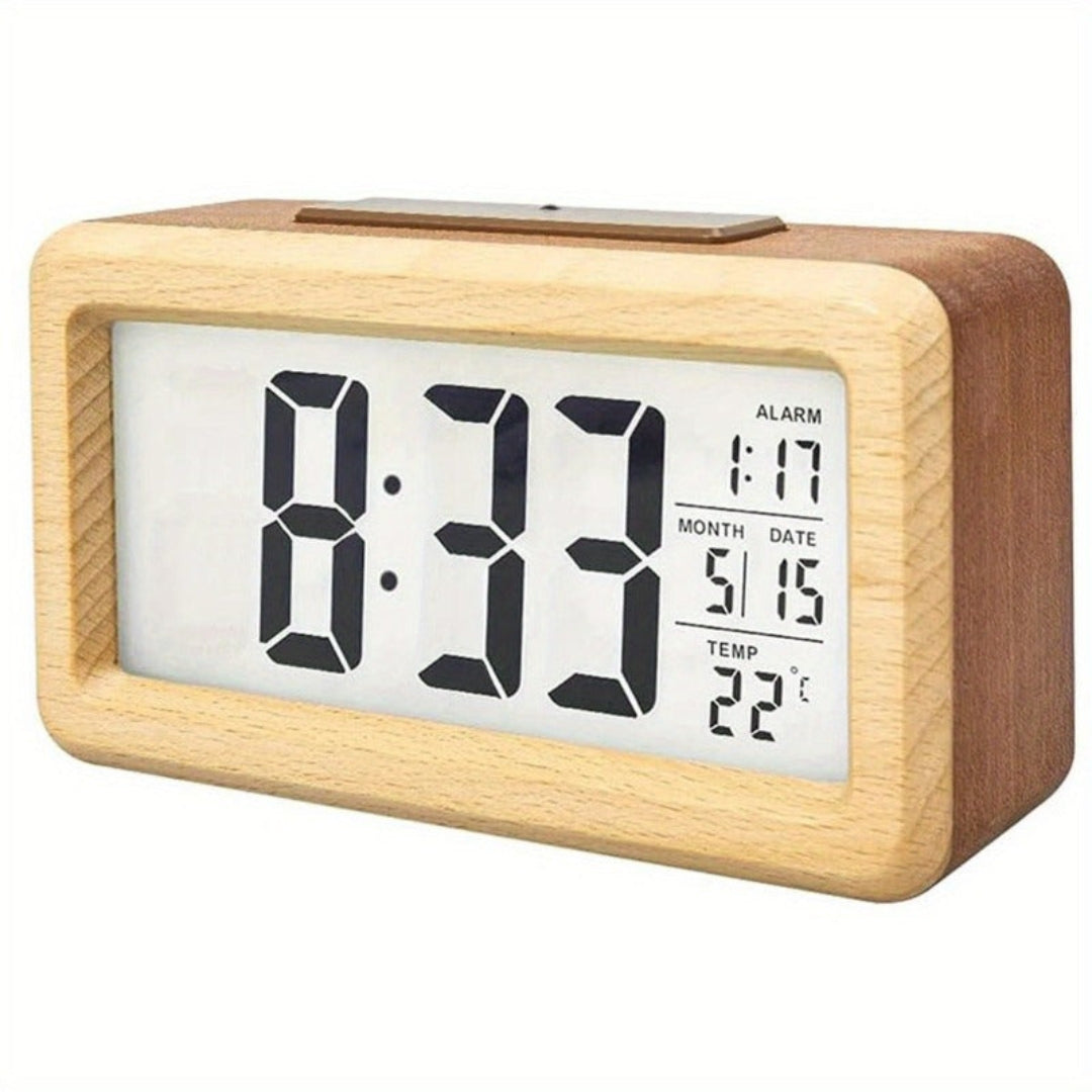 Minimalist Alarm Clock in Wood with Calendar Temperature Brown