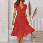 Women’s Elegant Midi Dress with Short Sleeves Red