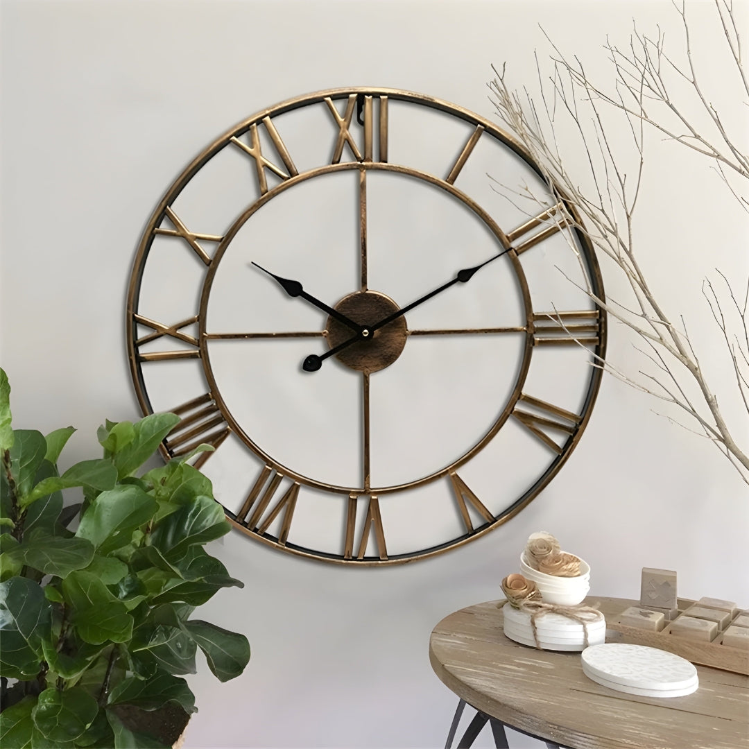 Elegant Roman Numeral Iron Wall Clock Quiet Rooms Gold