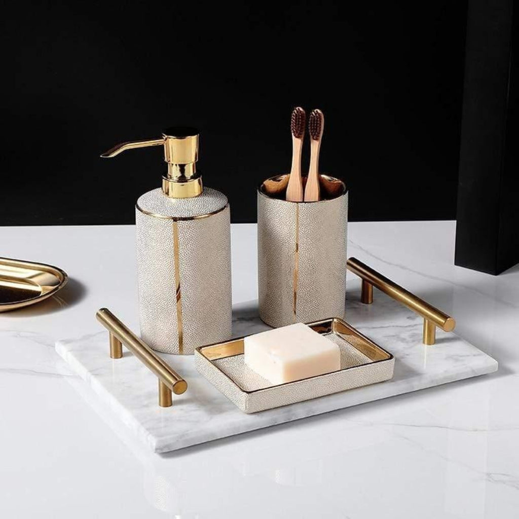 Luxe Ceramic Bathroom Set | Golden Accent Accessories Kit