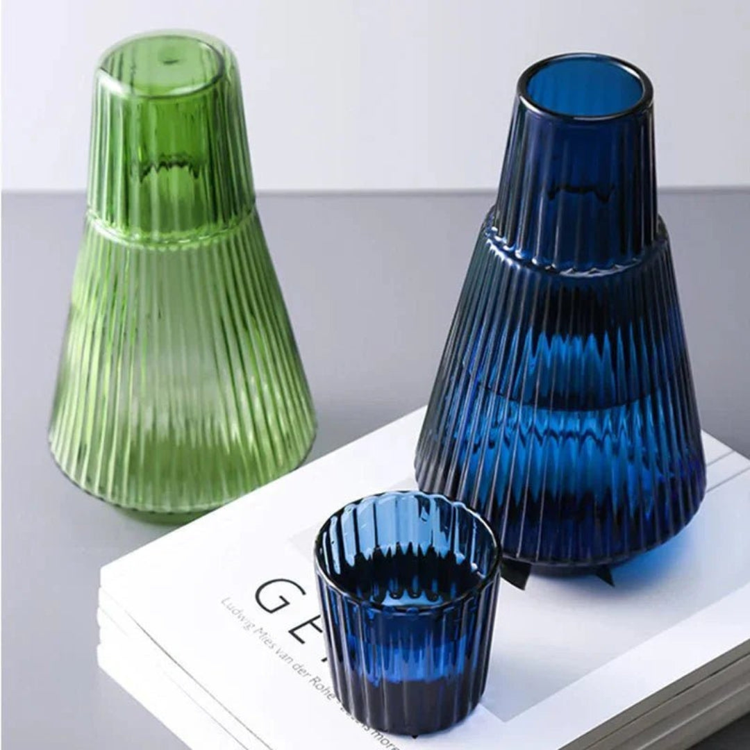 Elegant Pleated Glass Carafe with Tumbler | Table Set Serve