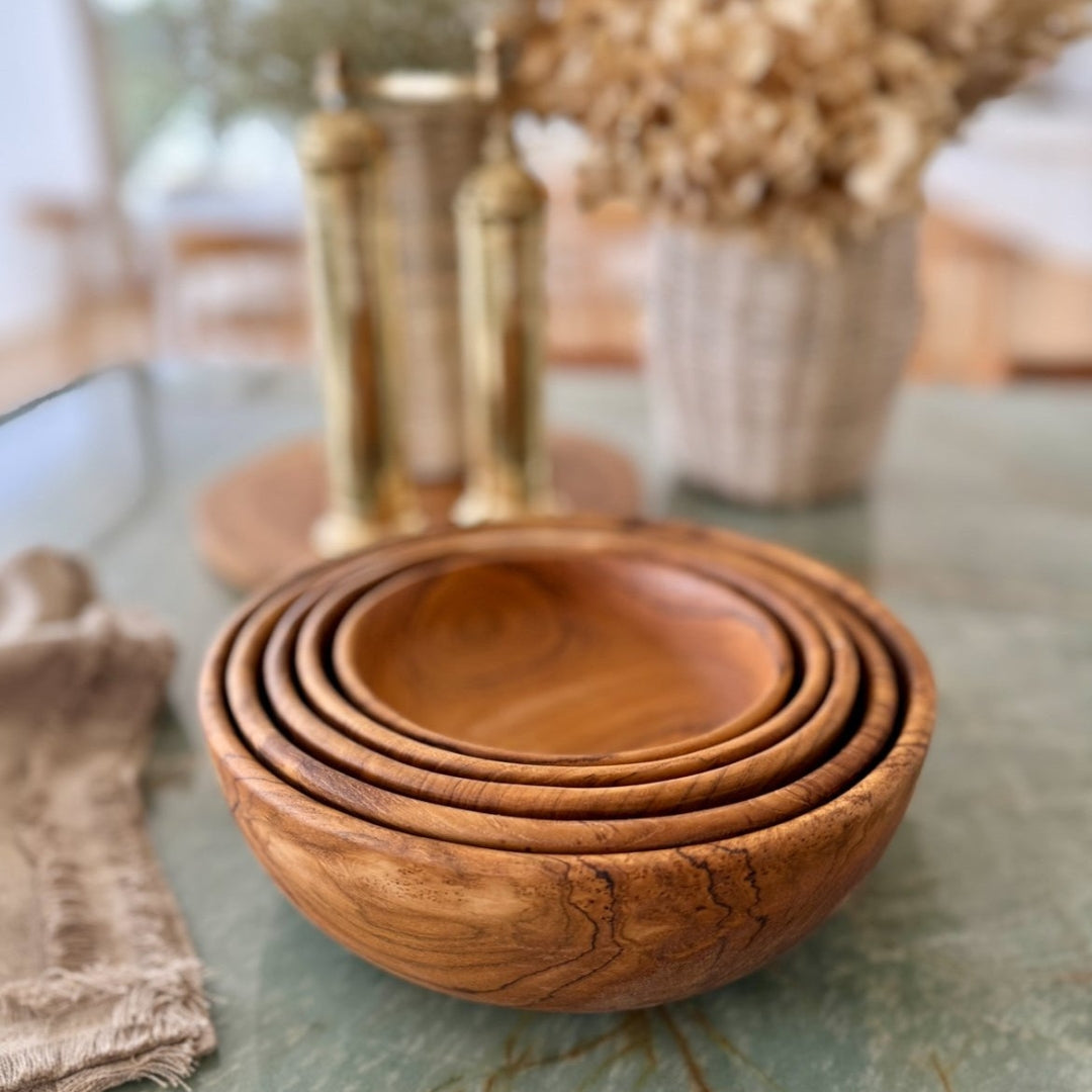 Artisan Nesting Wooden Bowl Collection | 5 Piece Set Serving Brown