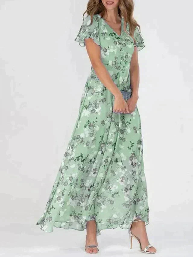 Women’s Elegant Floral V-Neck Maxi Dress Green