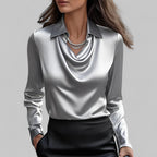 Women’s Elegant Blouse with Waterfall Neckline and Long Sleeves Grey