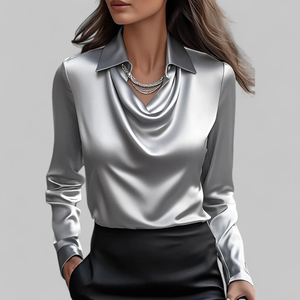 Women’s Elegant Blouse with Waterfall Neckline and Long Sleeves Grey