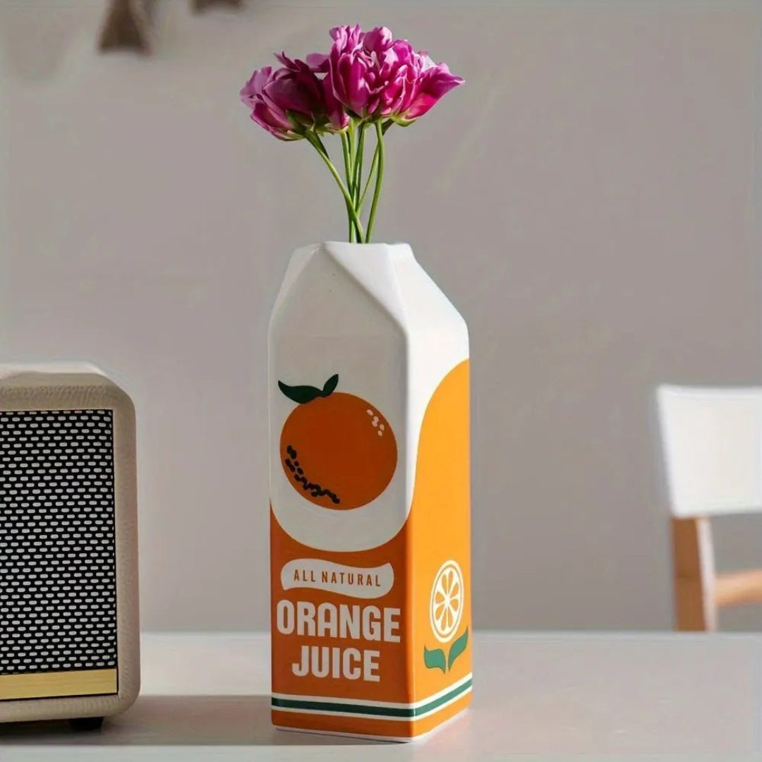 Playful Ceramic Vase with Iconic Juice Carton Form Decor