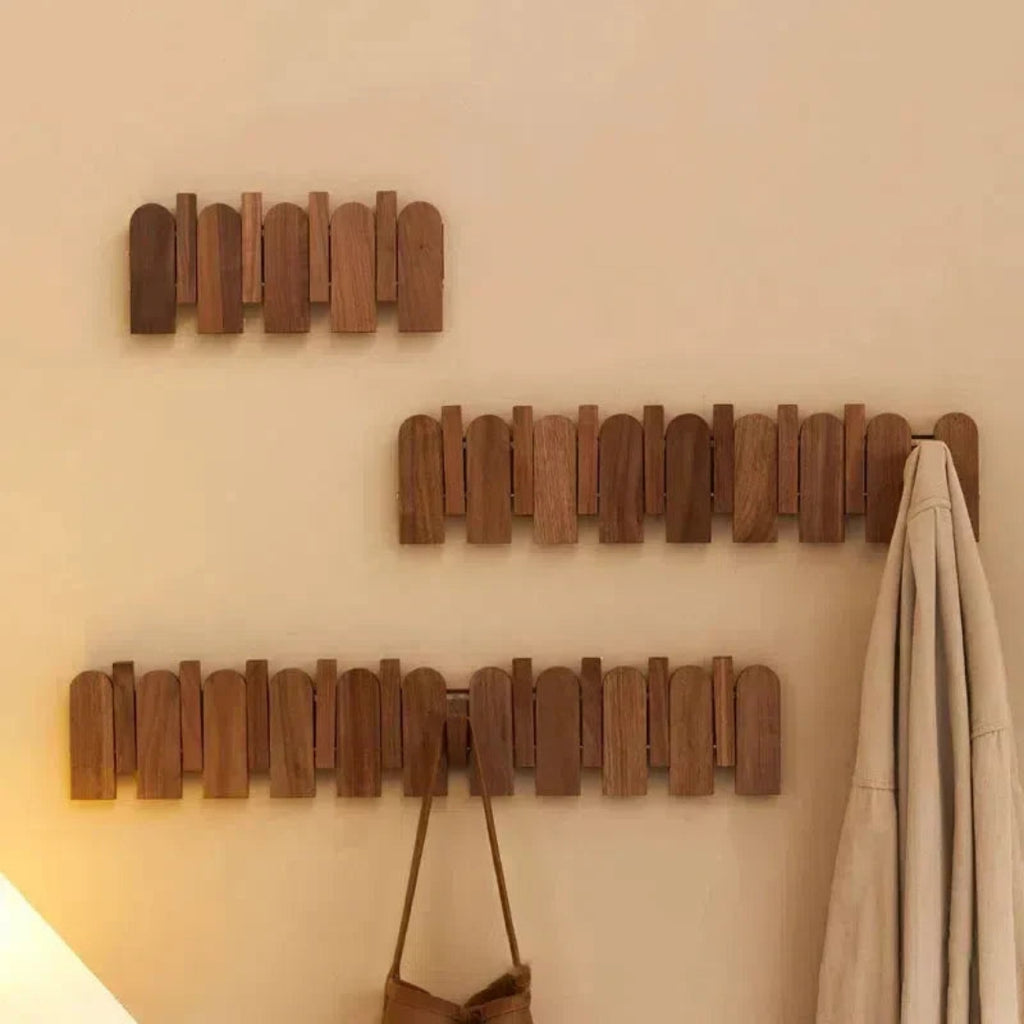 Walnut Wooden Wall Coat Rack | Minimalist Foldable Hooks