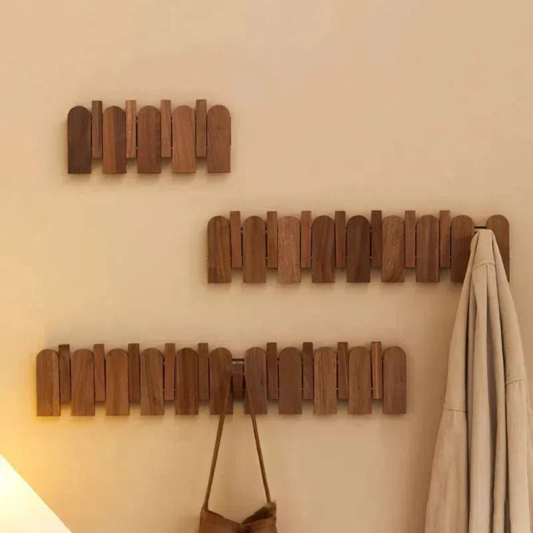 Walnut Wooden Wall Coat Rack | Minimalist Foldable Hooks
