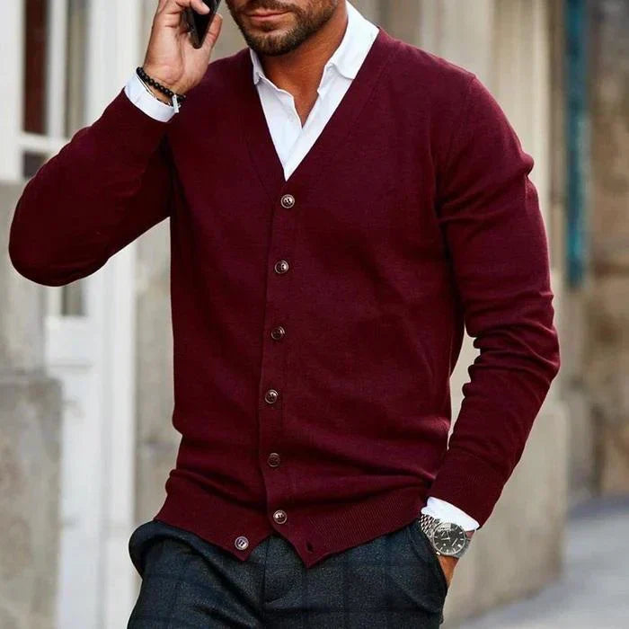 Men’s Classic Button-Down Cardigan with Front Pockets Red