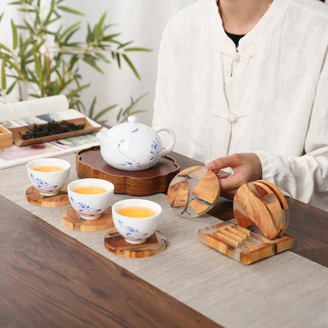 Modern Japanese Wooden Coaster Set for Tabletop Protection