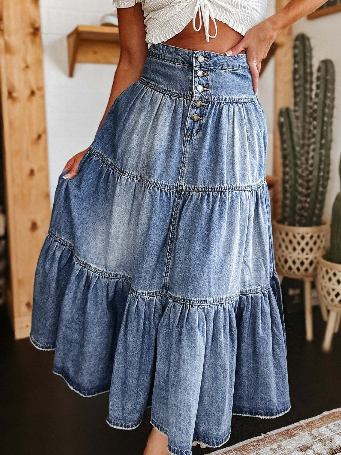 Women’s Tiered Denim Skirt with Button Placket Blue