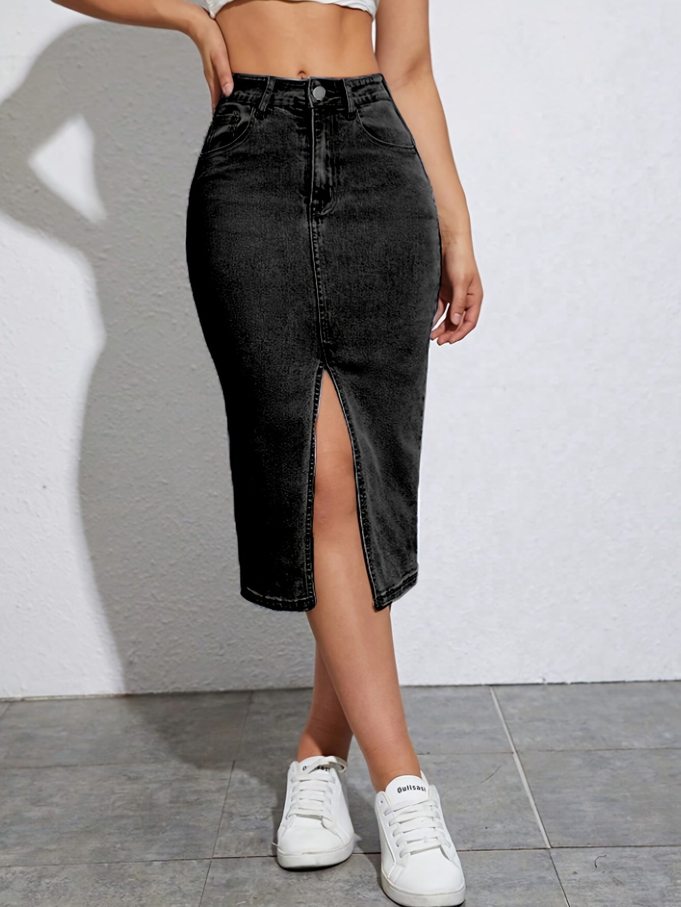 Women’s Stretch Denim Long Skirt with High Waist and Slit Black