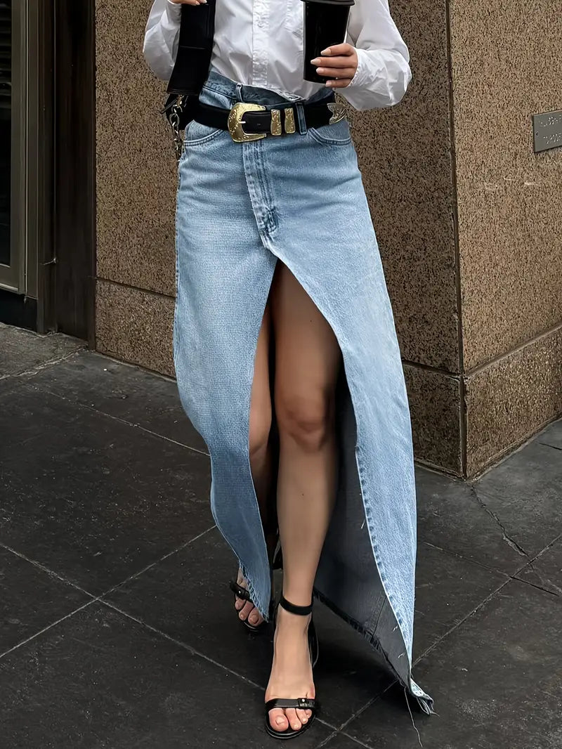 Women’s Elegant Denim Skirt with High Slit