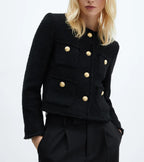 Women’s Cropped Tweed Blazer Jacket with Button Closure Black