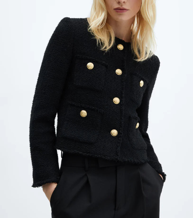 Women’s Cropped Tweed Blazer Jacket with Button Closure Black
