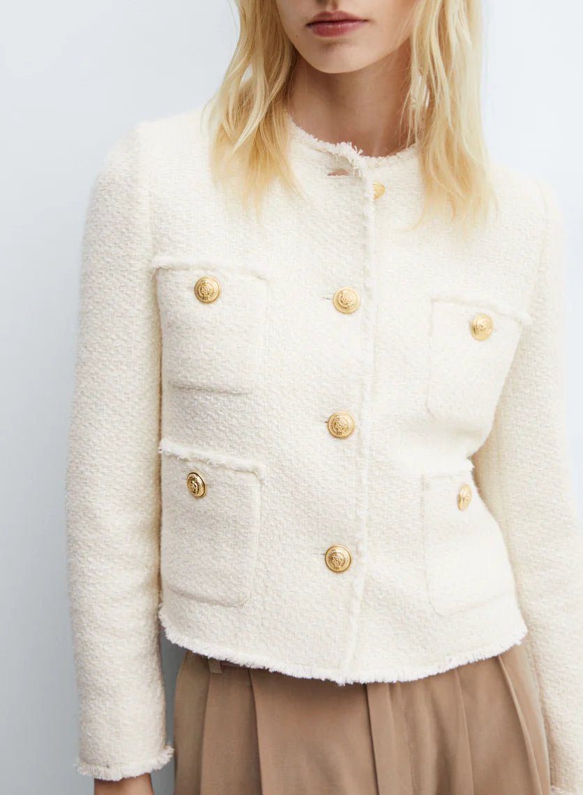 Women’s Cropped Tweed Blazer Jacket with Button Closure White