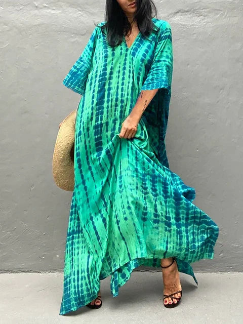 Women’s Flowy Kaftan Maxi Dress - Relaxed Summer Dress Green