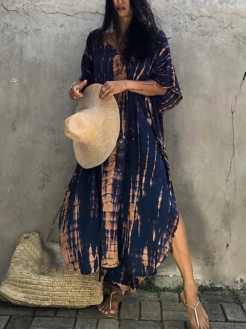 Women’s Flowy Kaftan Maxi Dress - Relaxed Summer Dress Navy Blue