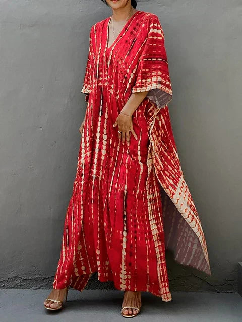 Women’s Flowy Kaftan Maxi Dress - Relaxed Summer Dress Red