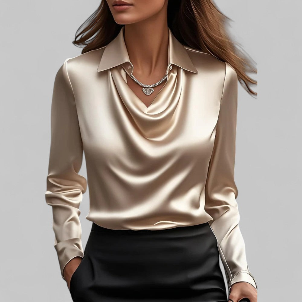 Women’s Elegant Blouse with Waterfall Neckline and Long Sleeves Champagne