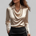 Women’s Elegant Blouse with Waterfall Neckline and Long Sleeves Champagne