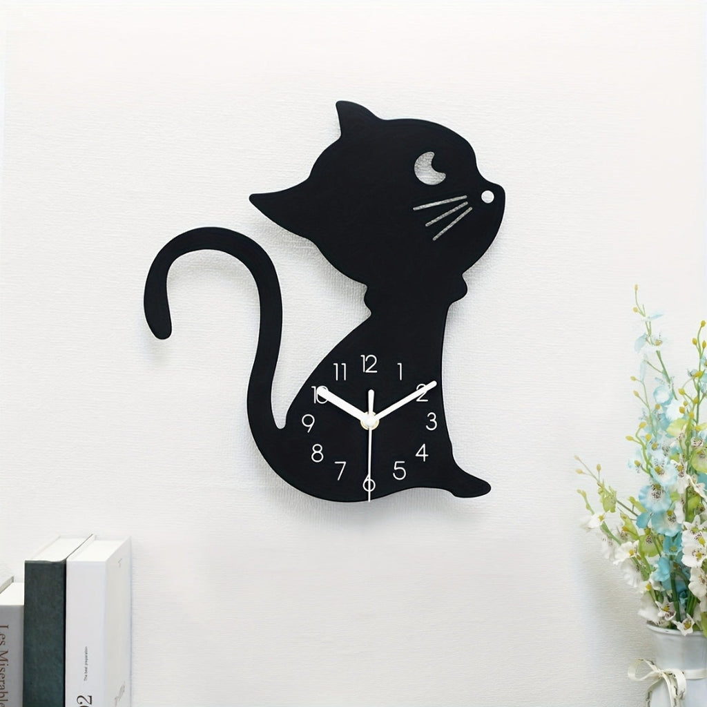 Playful Cat Wall Clock | Contemporary Interior Decor Style Black Height 30cm Width 27cm
