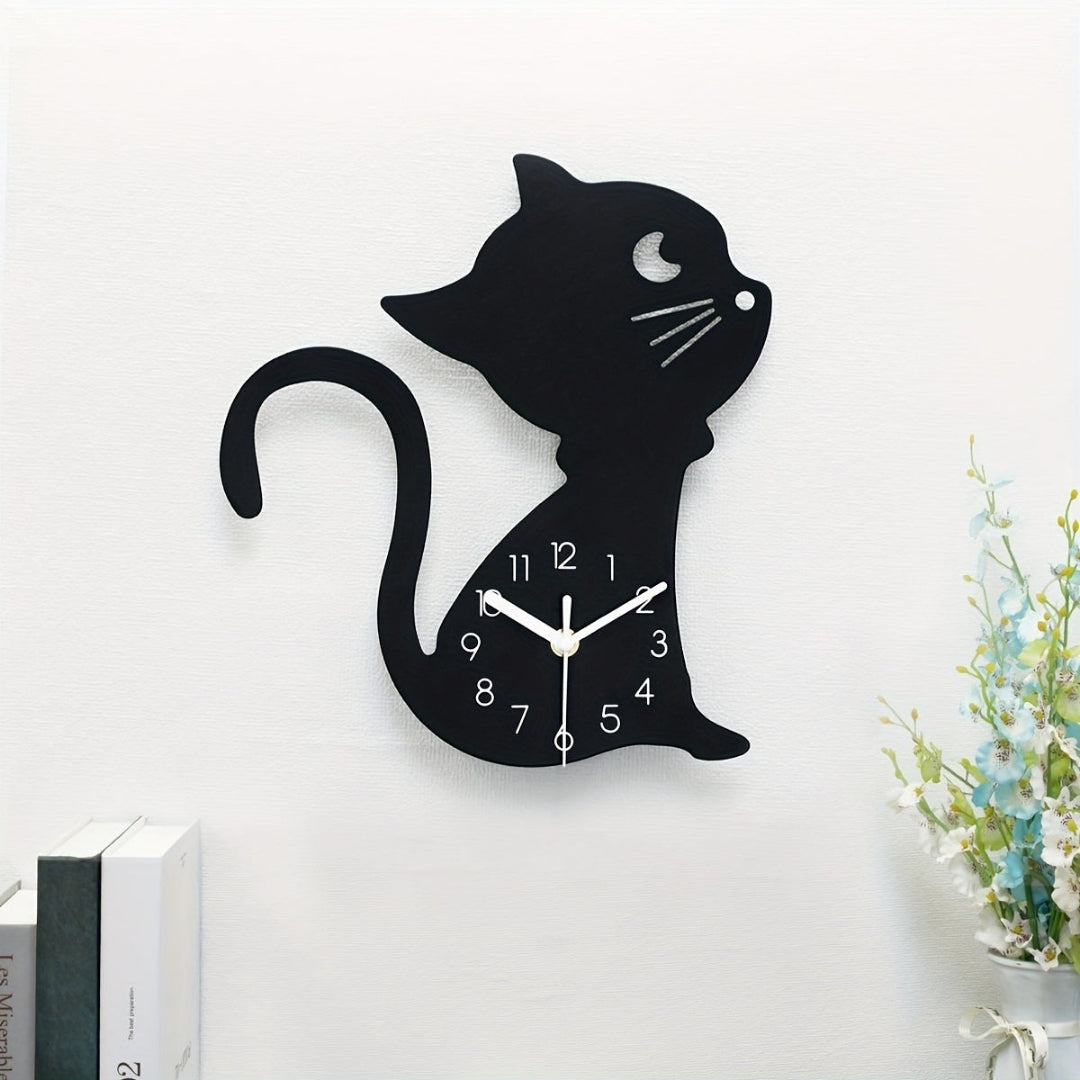 Playful Cat Wall Clock | Contemporary Interior Decor Style Black Height 30cm Width 27cm