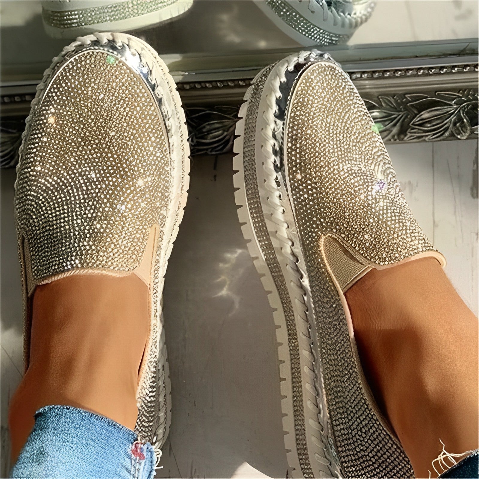 Women’s Glittering Diamond Loafers – Everyday Footwear Gold