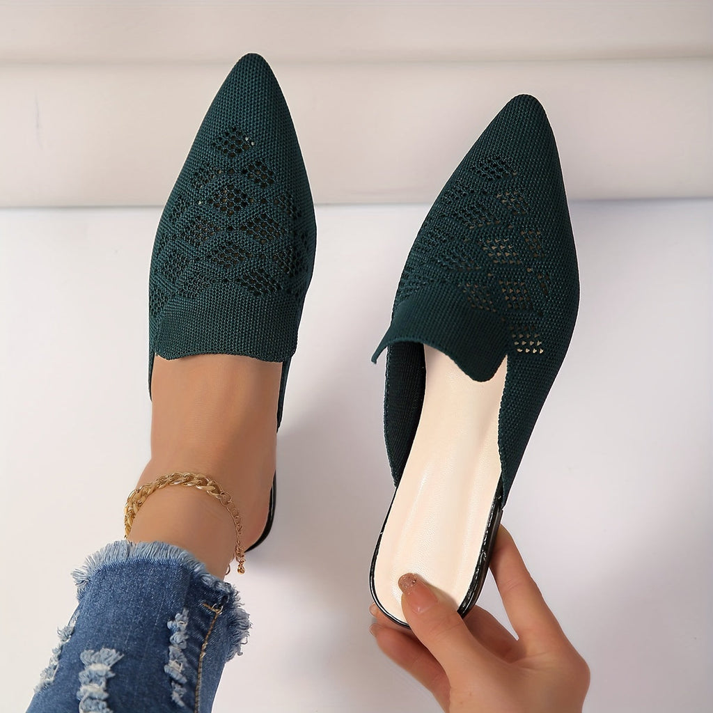 Women’s Knitted Flat Mules – Everyday Footwear Dark Green