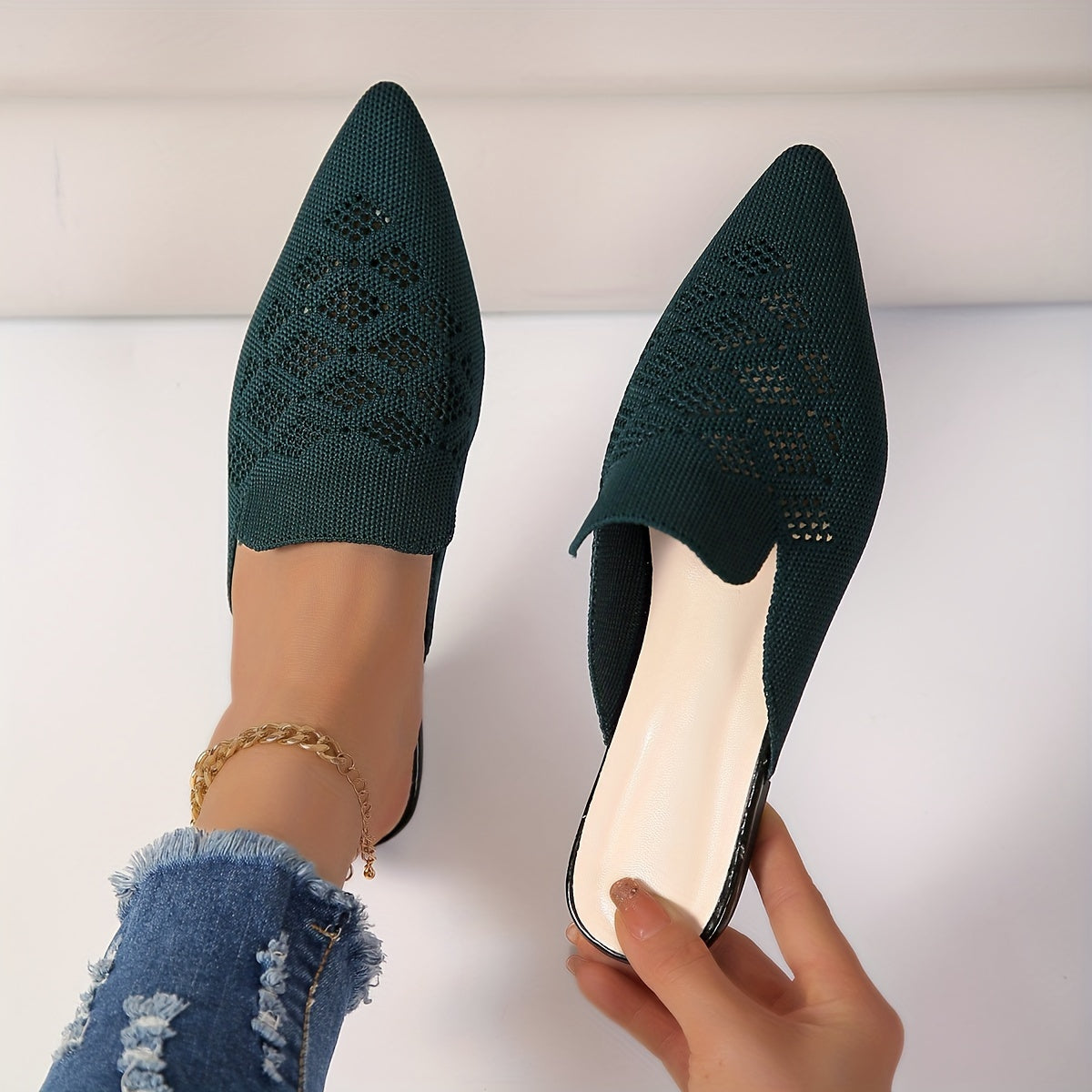 Women’s Knitted Flat Mules – Everyday Footwear Dark Green