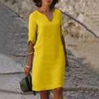 Women’s Elegant V-Neck Knee-Length Dress Yellow