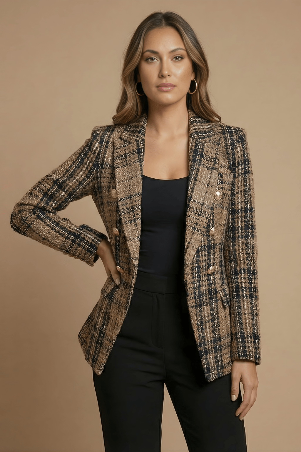 Women’s Classic Check Double Breasted Blazer Jacket Khaki