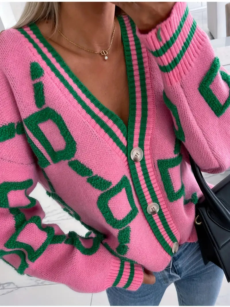 Women’s Relaxed Fit V-Neck Button-Front Cardigan Pink