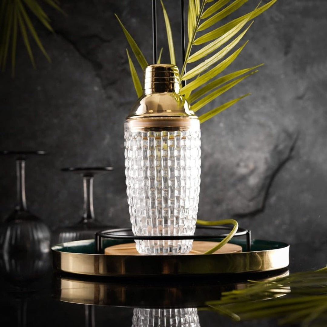 Elegant Glass and Gold Steel Cocktail Shaker for Home Bars
